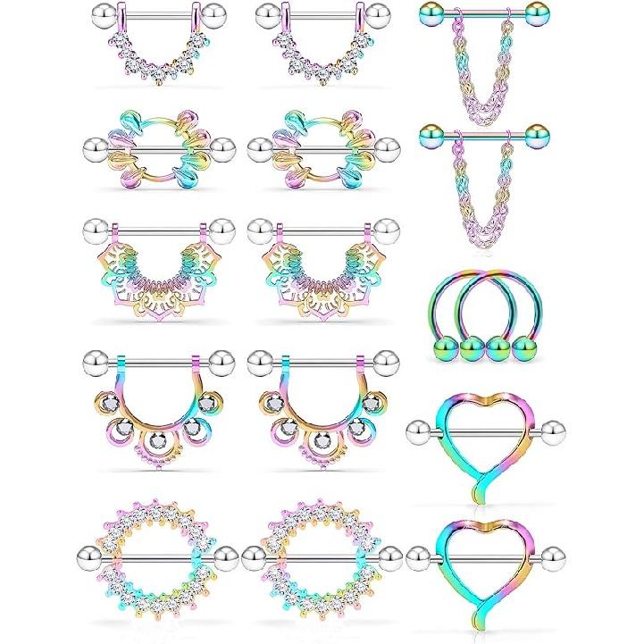 Kridzisw 14G Nipple Tongue Ring 6 Pair Surgical Steel Nipple Pliers Protective Ring Barbell Ring Piercing Body Jewelry CZ Round Lady Girl, Metal