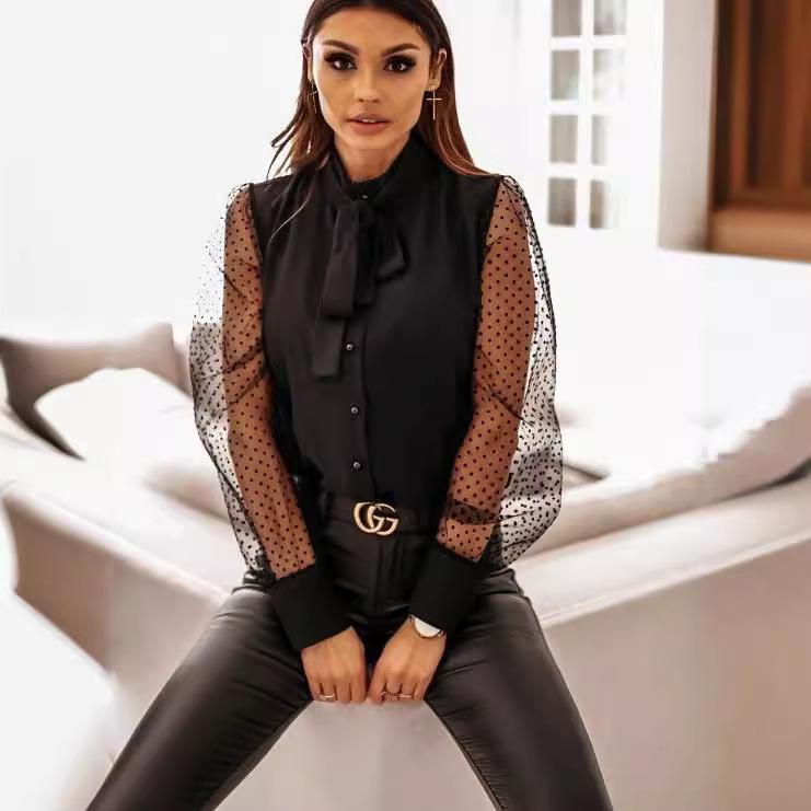 Móda Podzim/Zima 2024 Síťované Patchworkové Košile s Knoflíky a Mašlí