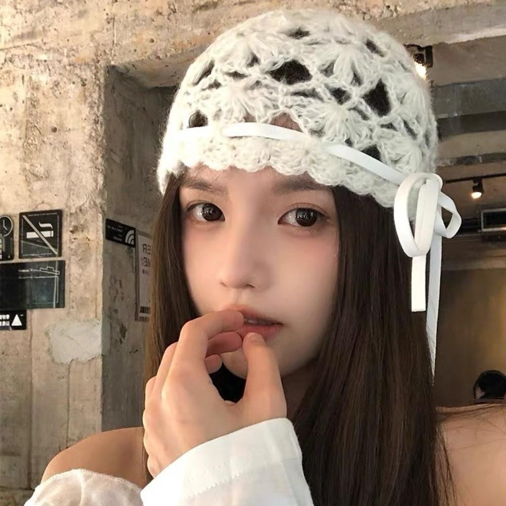 Bow Knit Beanies Strapped Weave Cap Retro Ethnic Style Hat Ladies