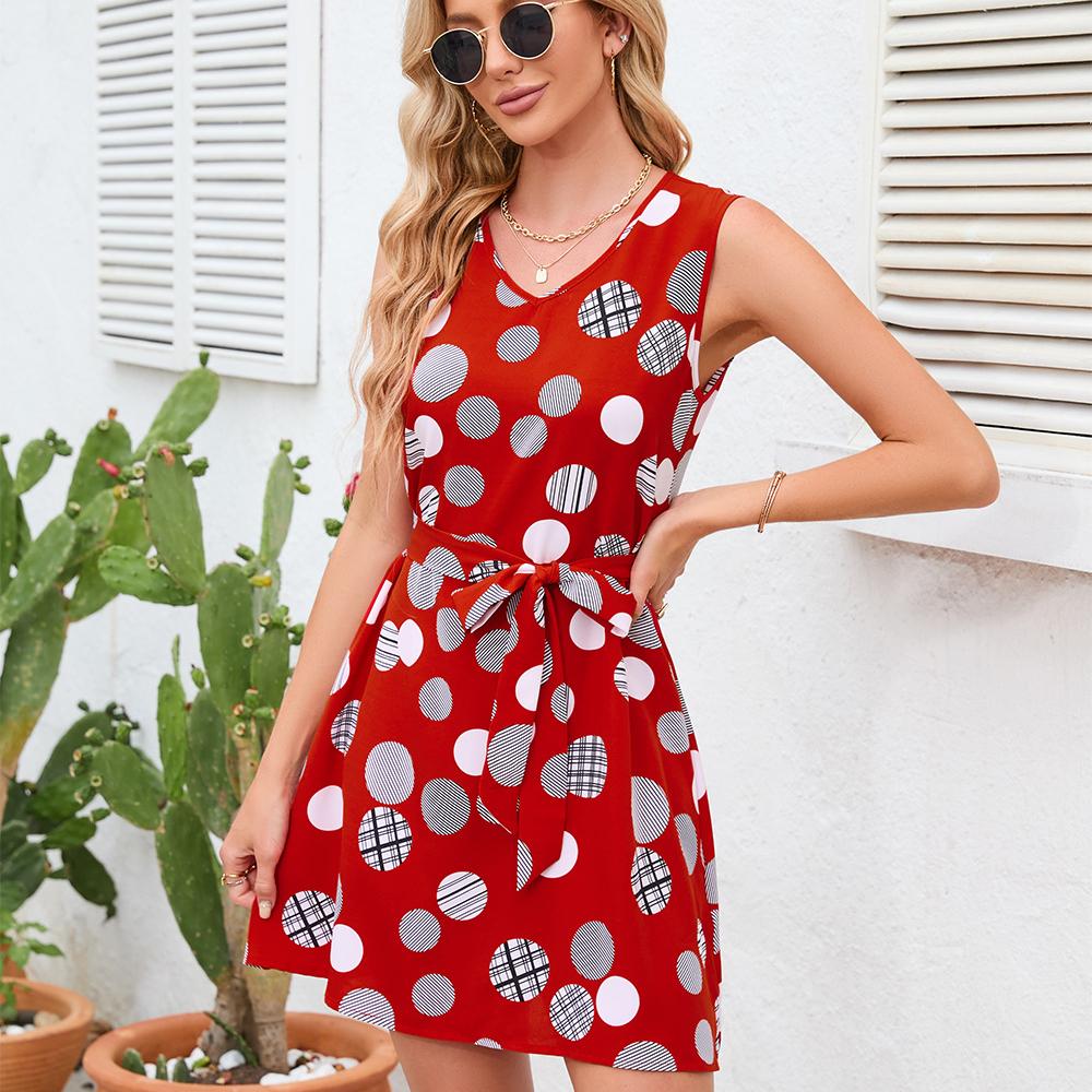 Letnia damska sukienka w stylu retro z falą w kropki, ubrana w talię, uczta damska spódnica