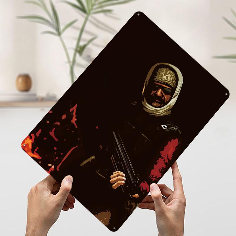 

Soldier With Rifle in Dark Setting Tin Plaque Poster Customized Wall Art Retro Vintage Metal Signs for Man Cave Bathroom Decor 7.9x11.8In(20x30cm)