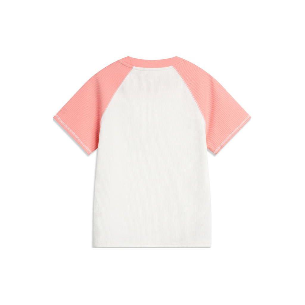 Li-Ning Color Block Round Neck Slim Fit Short Knit Short Sleeve T-Shirt Women Tops Off-White Tea-Rose Pink AHSU342-2