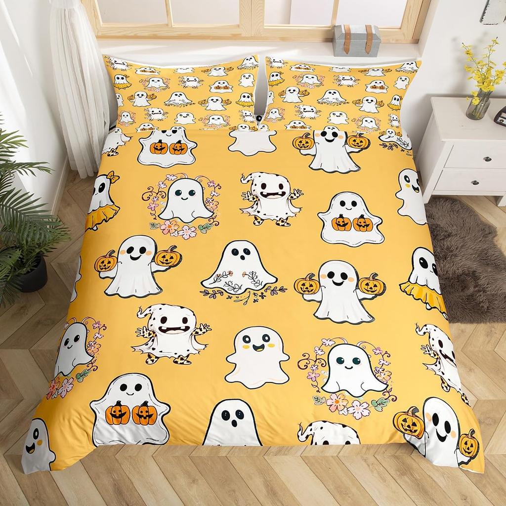 Cute Ghost Duvet Cover Halloween Theme Yellow Bedding Set Pumpkin Lantern Floral Ghosts Comforter Cover Polyester Quilt Cover