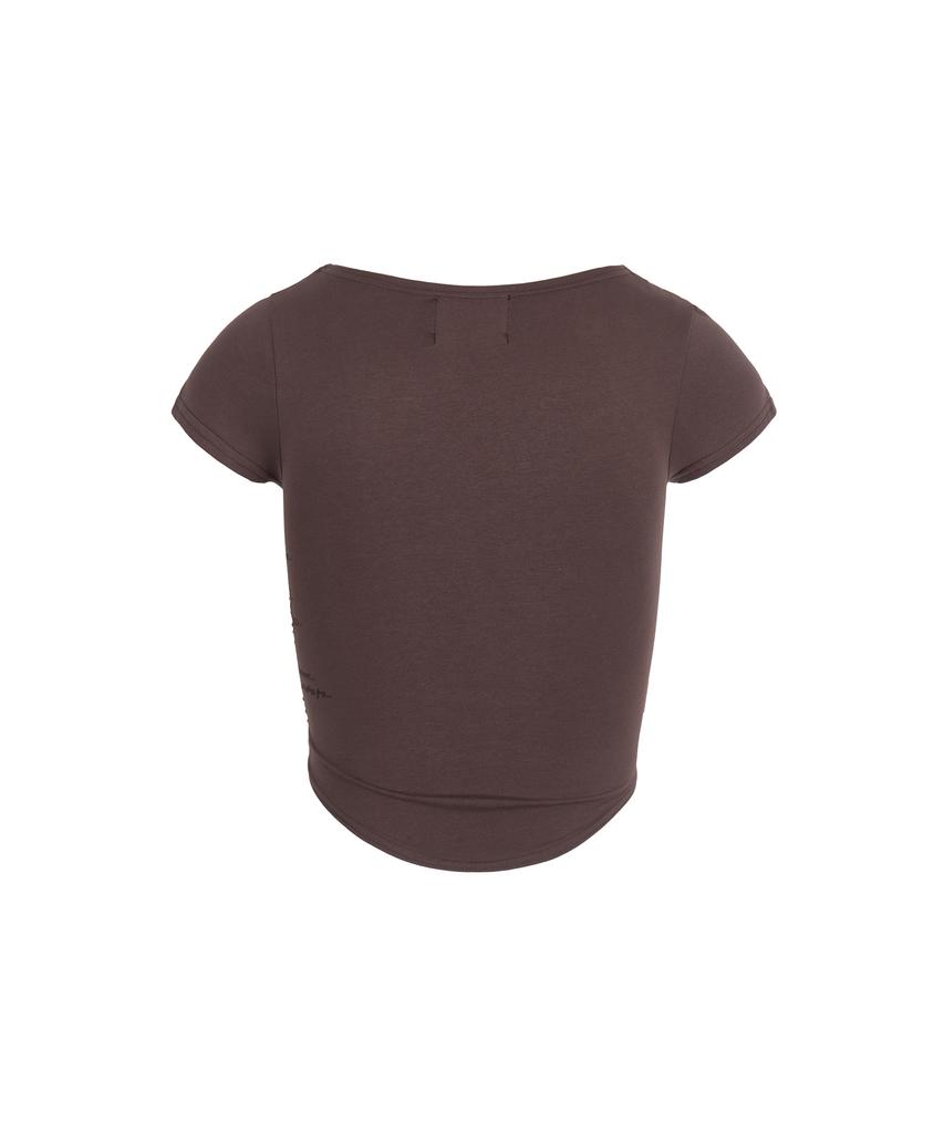 Gillaakaibeu Lace Cross Patched Button Crop T-Shirts_Brown
