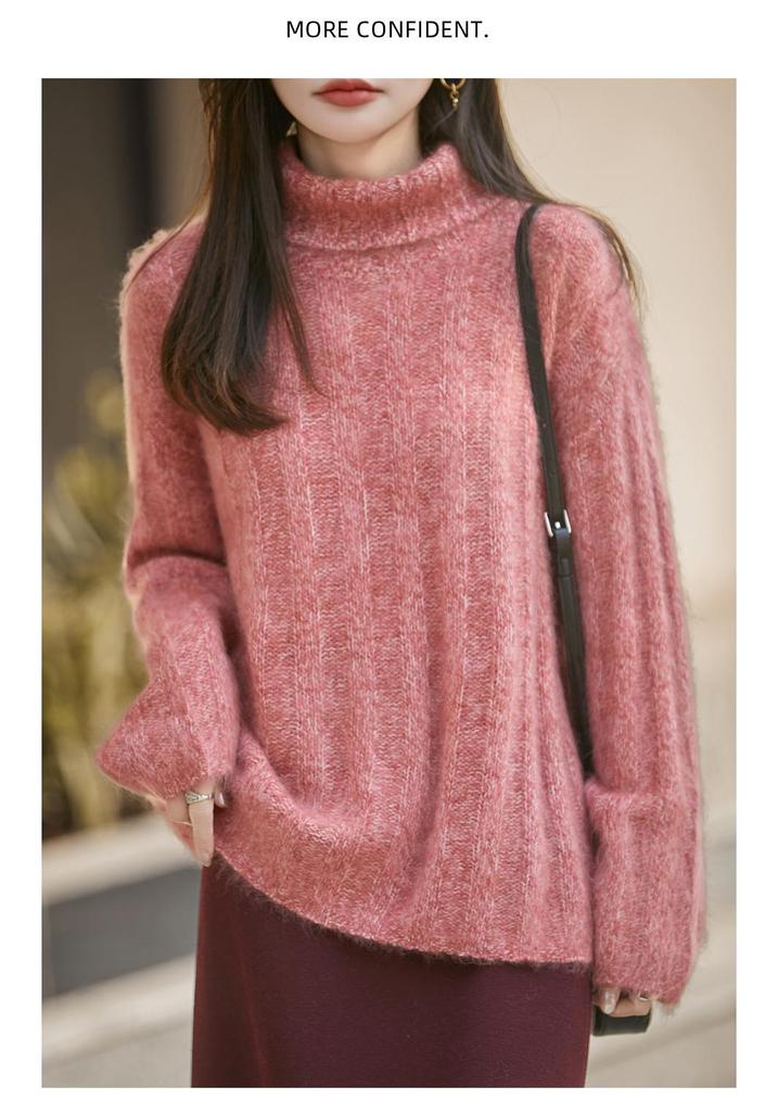 Women's 95% Wool Cashmere High-Neck Oversized Sweater - Brushed Yarn Knit Base Layer for Autumn/Winter