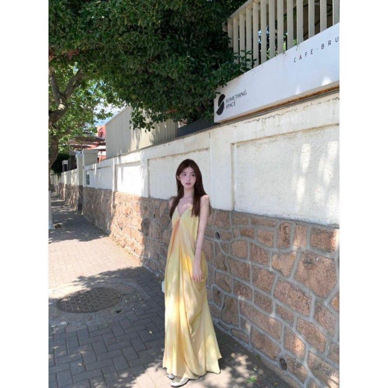 Women s Summer Yellow Gradient V-Neck Spaghetti Strap Beach Dress Small