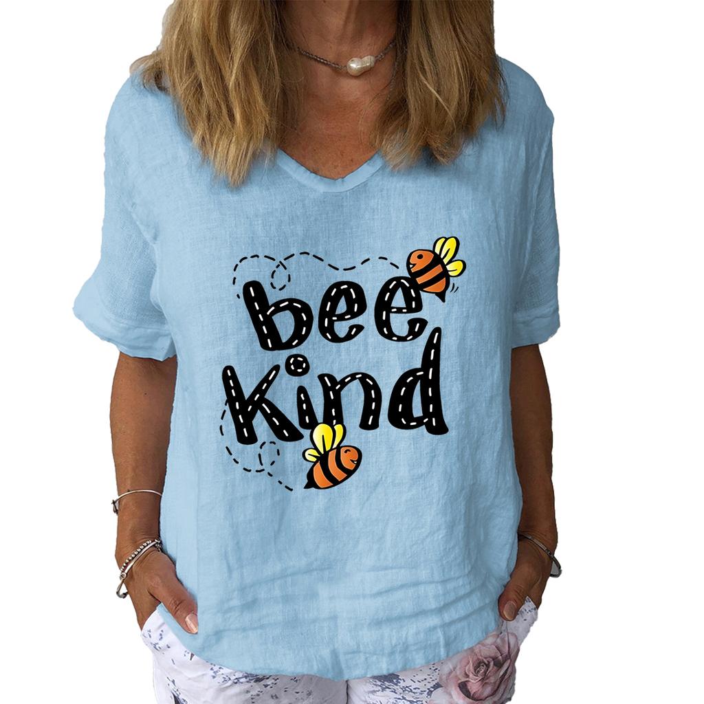 Women Fashion Cotton Linen T-shirt Casual V-neck Short Sleeve Top Ladies Print Tee Shirt