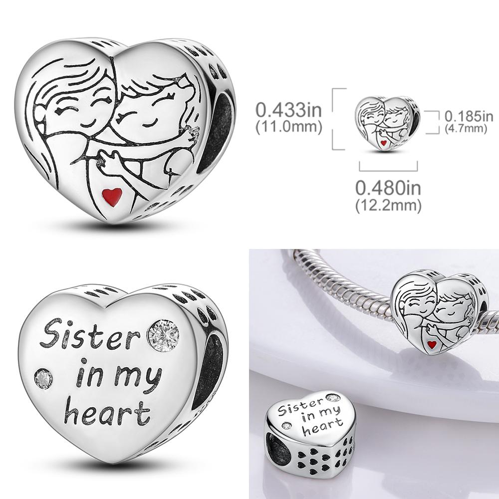 Copper Charms Love Mother Family Sister Heart Beads Fit Original Bracelet Diy Woman Jewelry Gift