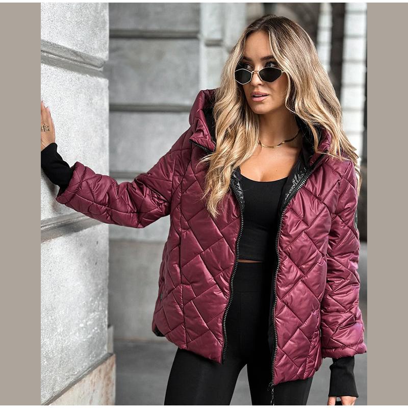 Autumn and Winter New Fashion Trend Diamond-shaped Pressure Grid Loose Hooded Cotton-padded Warm Jacket