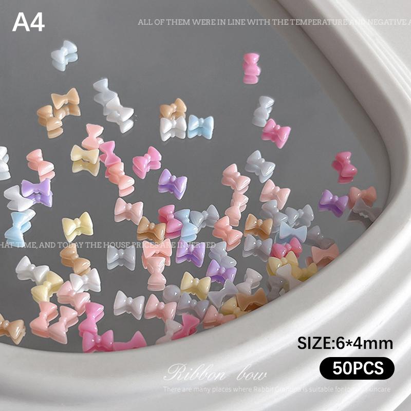 50Pcs Candy Color Bow Nail Art Parts Charms Mini Resin Ribbon Nail Rhinestones Diy Summer Nail Art Decor Accessories A4