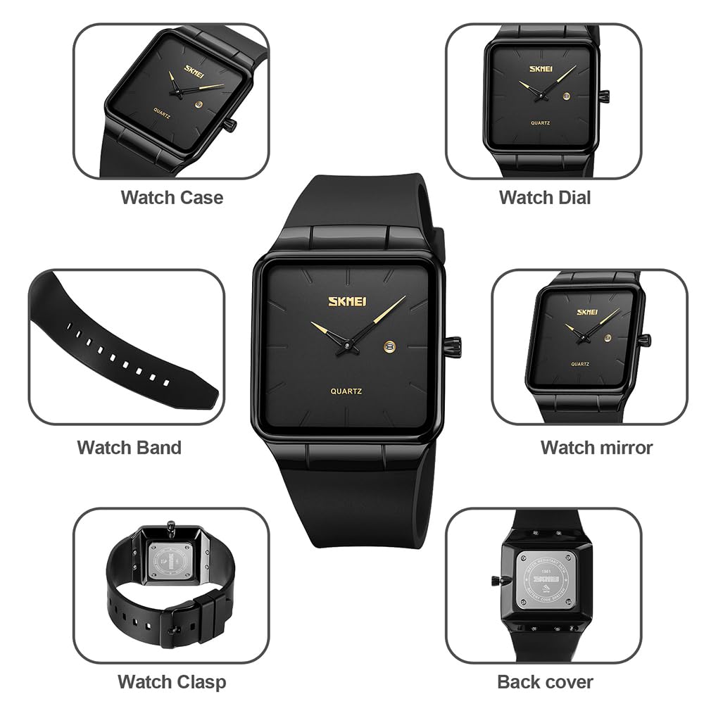 Square Watch Men Leather Strap Black Simple Slim Stylish Wristwatch Gentleman Waterproof Business Casual Male Gift Gold Black