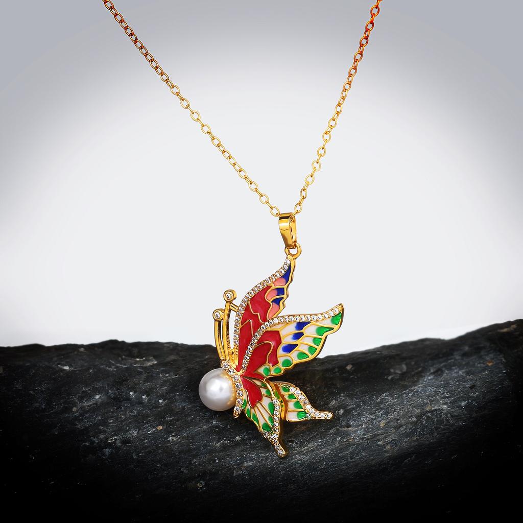 Classic Necklace for Women's Color Epoxy Butterfly Pendant Inlaid Pearl Necklace Handmade Enamel Jewelry Women's Sweater Chain
