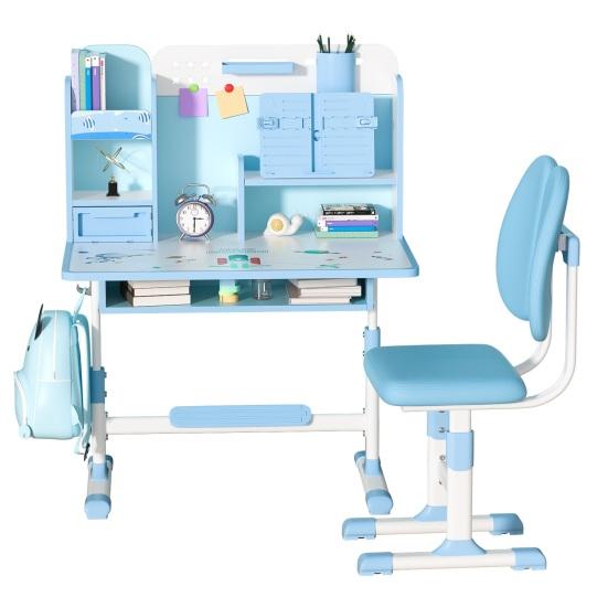 2 ks/sada Dětský psací stůl a židle Nastavitelná výška Psací stůl a židle s korektorem sezení Ergonomická židle ke stolu se stojanem na knihy (Růžová, Modrá)
