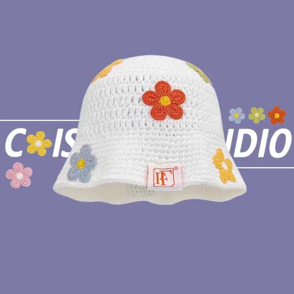 Korean Style Beanies Hat Handmade Bucket Hat Casual Flower Knitted Hat  Outdoor