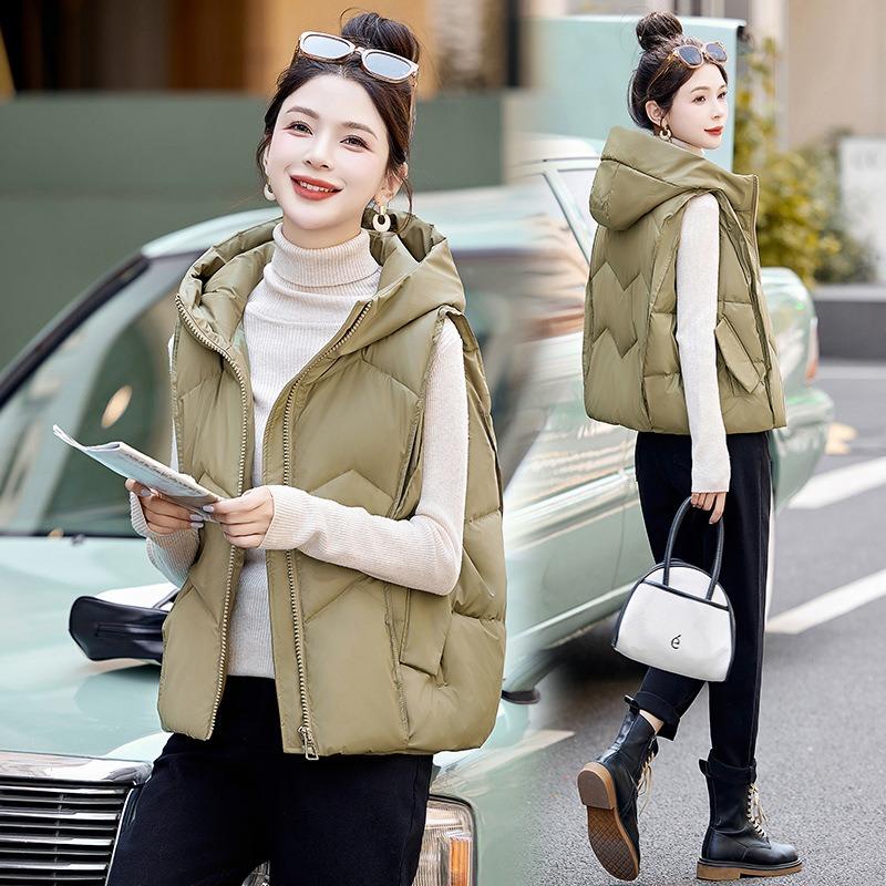 Autumn and Winter New Temperament Hooded Cotton Vest Women's Cold and Warm Short Vest Cotton Vest Slim Jacket