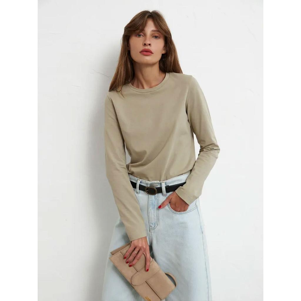 2025 Spring New Women's Cotton Long Sleeve T-Shirt Fashion Casual Versatile Office Round Neck Pullover Top