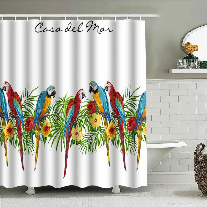 Colorful Parrots Shower Curtain Casa Del Mar Tropical Floral Design Bathroom Decor Polyester Fabric Waterproof Home Decoration I