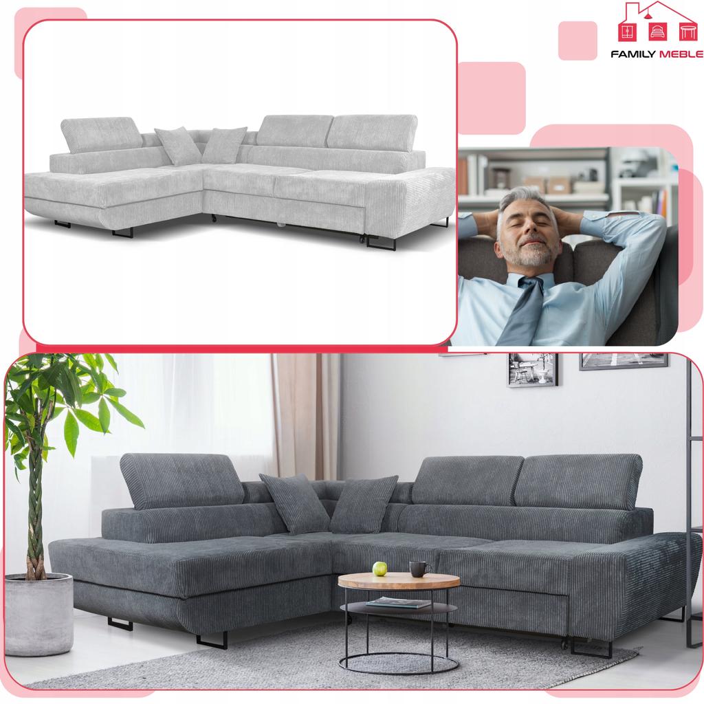 Corner Sofa, Foldable, F, Sleeping, Savio, Left, Family Furniture, Gray Corduroy