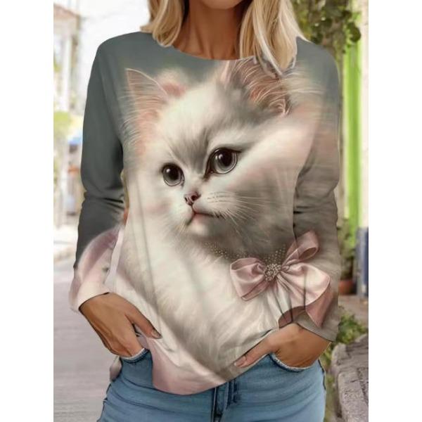 Camisetas de Mujer de Manga Larga Casuales de Moda con Cuello Redondo y Estampado de Gato Lindo con Impresión 3D para Primavera y Otoño