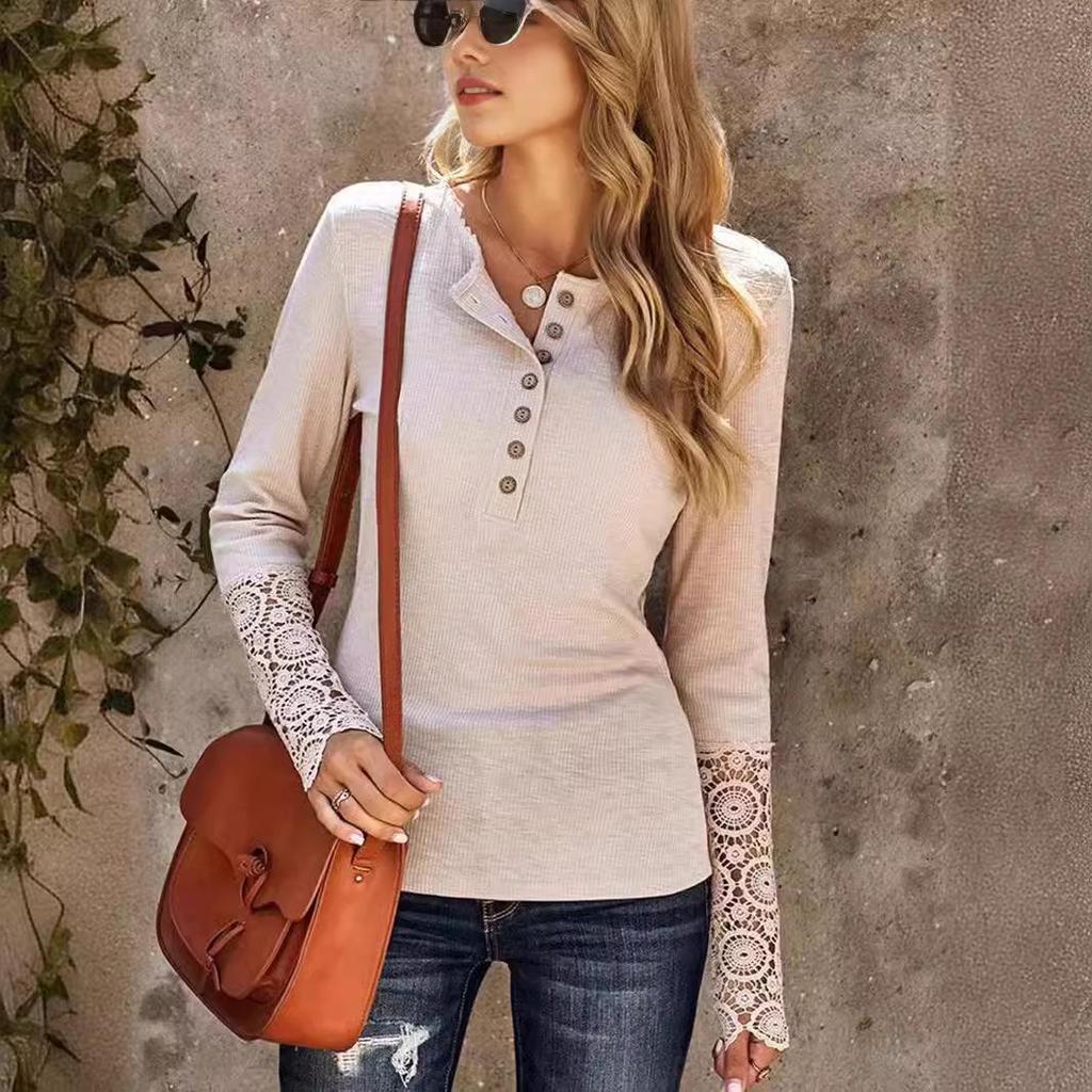2024 Cross-Border Round Neck Lace Sleeve Patchwork Solid Long Sleeve T-Shirt