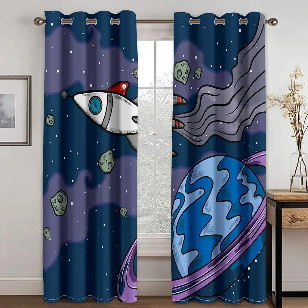 3D-Kinder-Cartoon-Astronauten im Weltraum, Sterne und das Universum, 2-teilig, Sonnenschutzvorhang für Wohnzimmer und Schlafzimmer