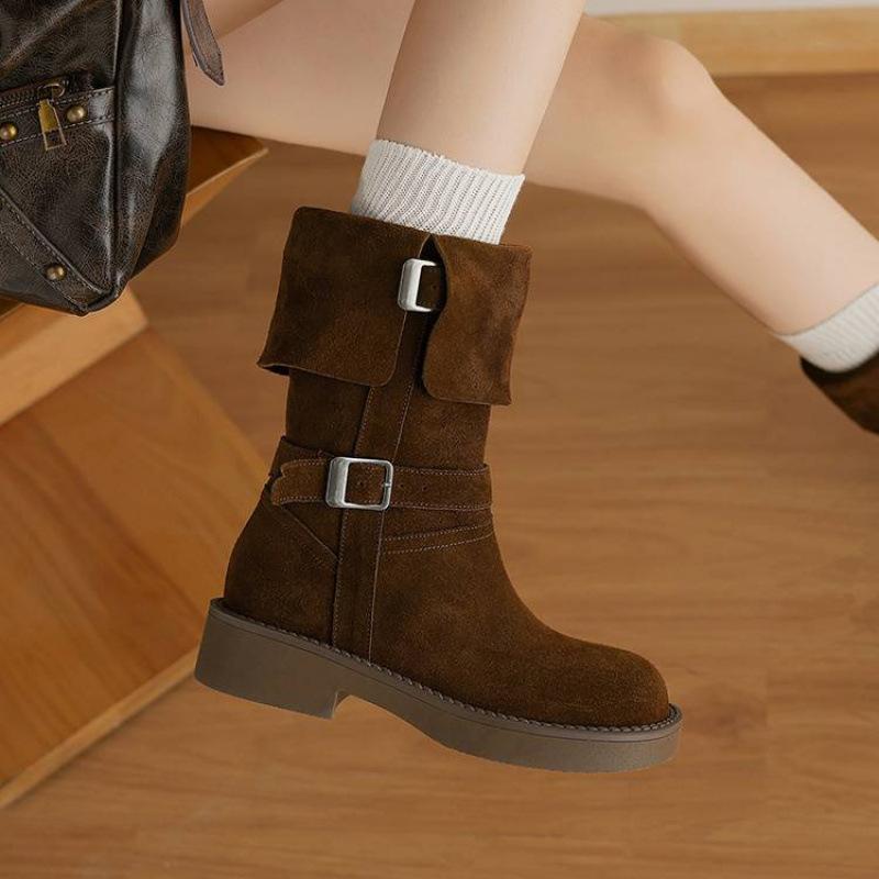 New women's leather boots round head large size women's boots cow anti-velvet square heel round head Martin boots autumn and winter leather medium bo