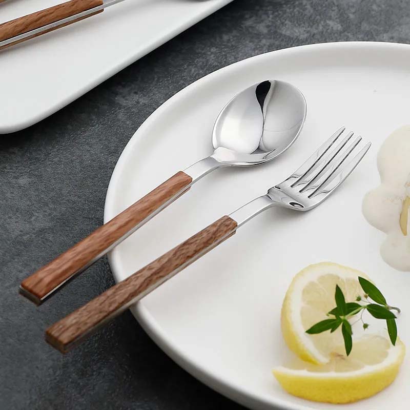 Imitation Wood Handle Stainless Steel Flatware Set Knife Fork Spoon Teaspoons 5 Pieces Set Korean Ins Kitchen Tableware Set Home Party Dinnerware Set