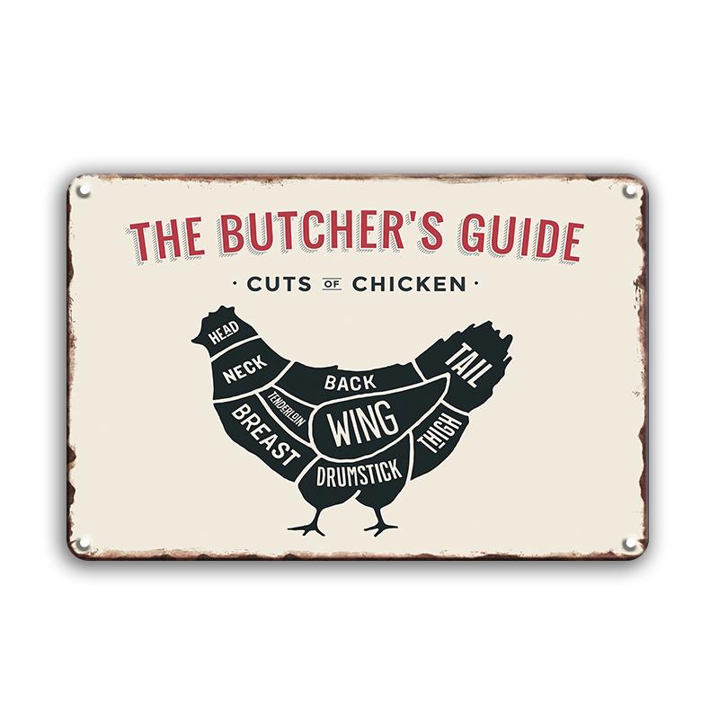 INEED Antikes „The Butcher's Guide“-Blechschild im Vintage-Stil, Tier-Küchen- und Marktdekor, Blechschild, Kunstposter, Metallplatte, Wanddekoration
