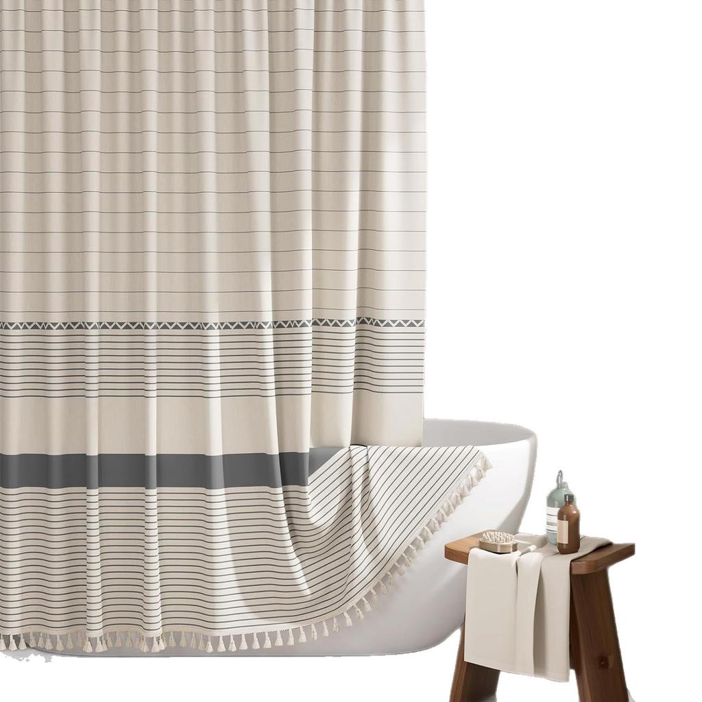 Simple Tassel Striped Bathroom Curtain – Printed Bamboo Joint Fabric, Privacy Shower Partition, Waterproof & Heavy Duty (Hooks Included)