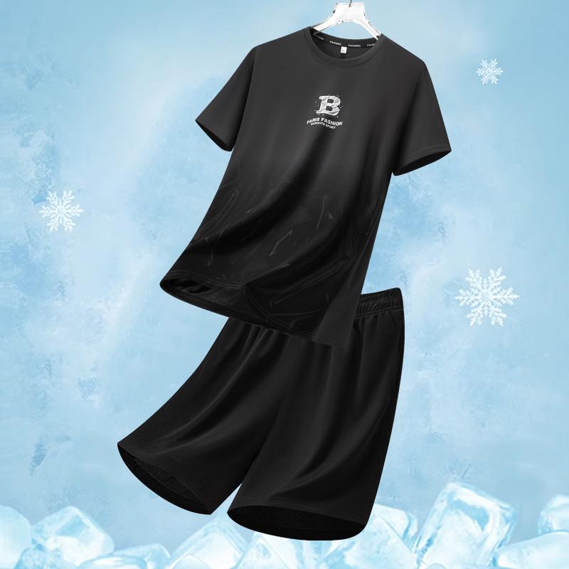 Ensemble de Sport en Soie Glacée pour Homme Été Col Rond Séchage Rapide Manches Courtes Coupe Ample Deux Pièces