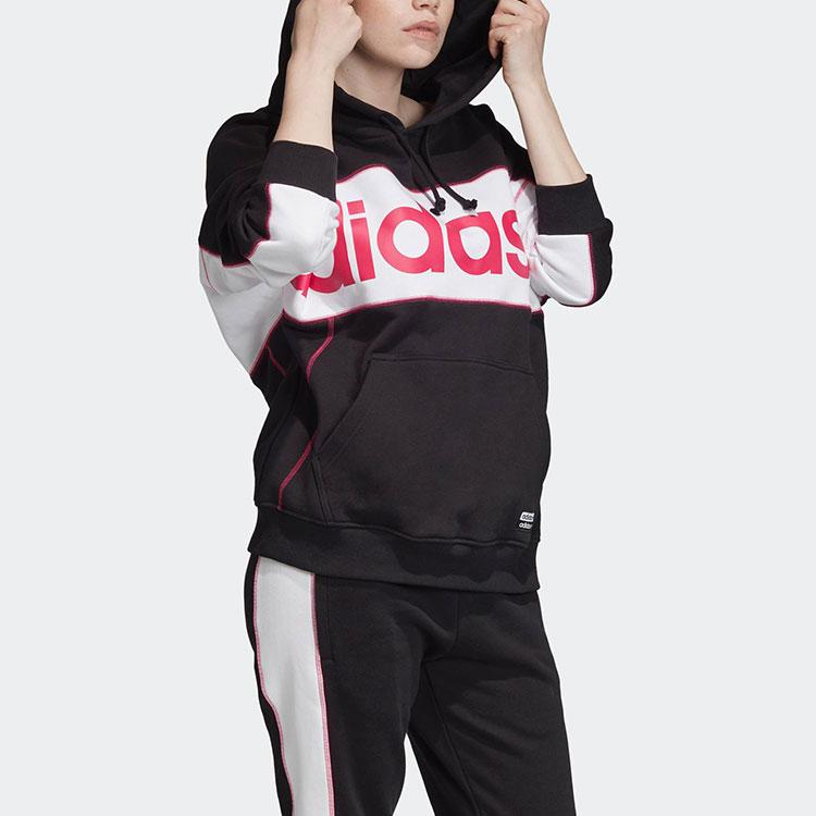 adidas Originals Langer Hoodie Großes Logo Amerikanischer Vintage Farbblock Kapuzenpullover Damen Hoodies Schwarz FH7564