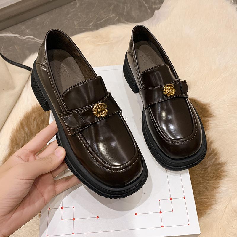 2025 New Women's Shoes British Style Camellia Loafers Student Muffin Thick Heel Platform Single Shoes Round Head One Pedal