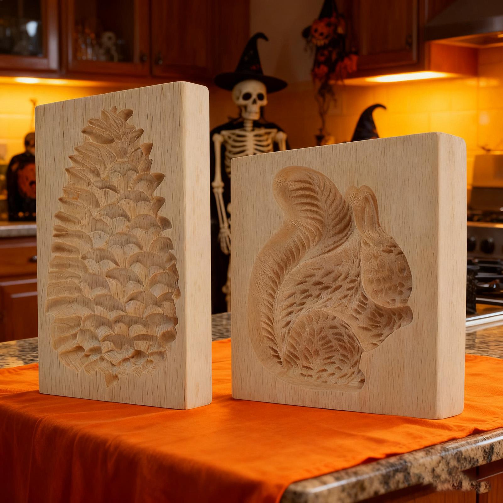 Reusable Wooden Cookie Molds 2 Pieces Cutter 3D Squirrel And Pine Cone Cookie Stamp Mold for Beginner Easter Christmas