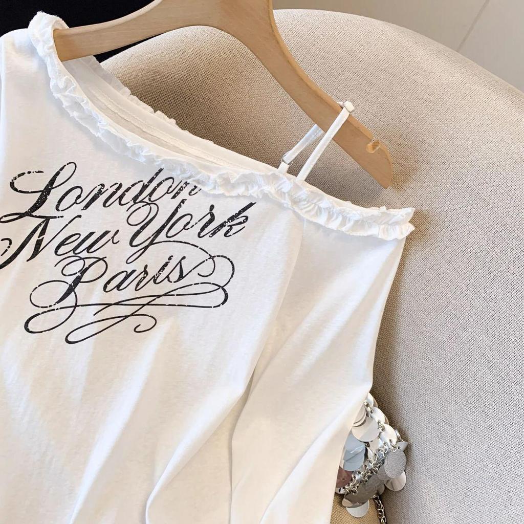 Women's Plus Size Off-Shoulder Letter Print Long Sleeve Lace Top