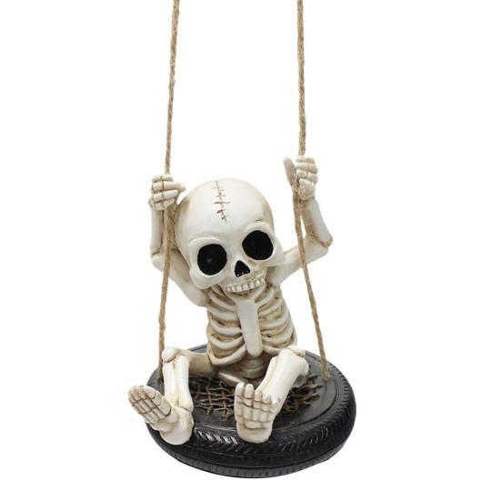 Halloween Resin Skeleton Swing Ornament Skeleton on A Tire Swinging Decoration for Car Rearview Mirror Garden Yard Tree Decor