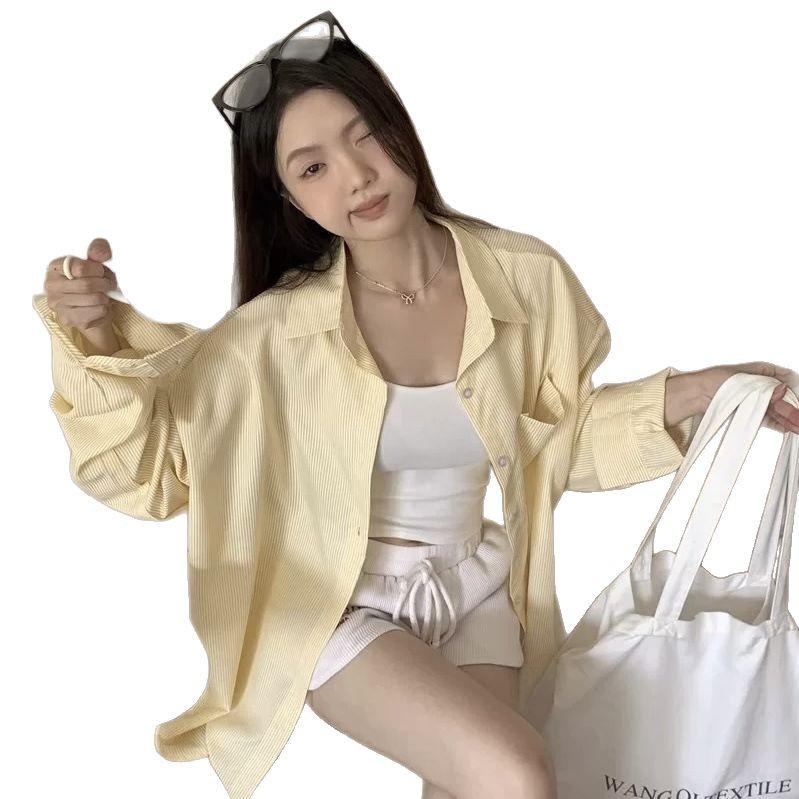 Korean Style Yellow Striped Long Sleeve Mid-Length Shirt Jacket for Women