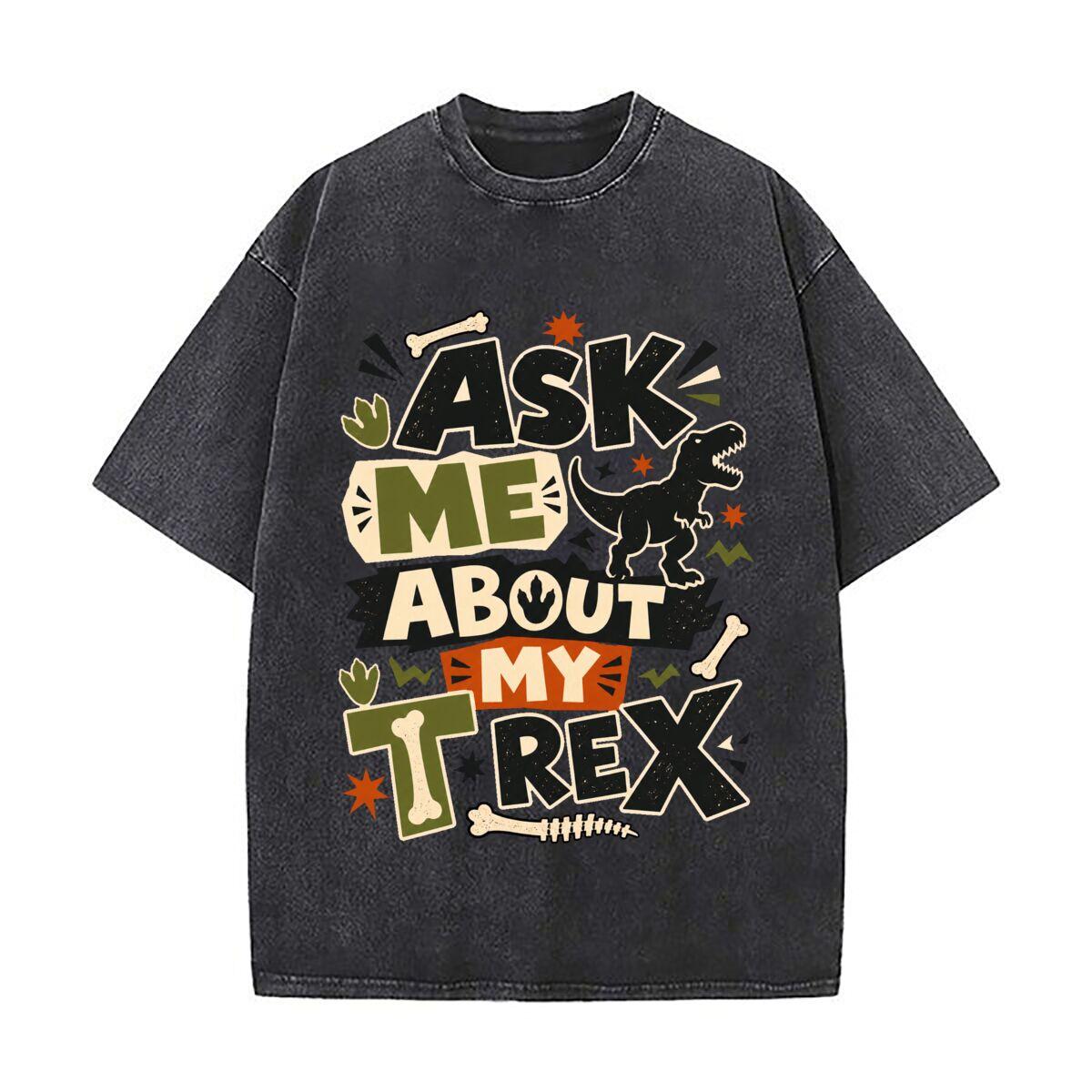 Funny Dinosaur Quote Typography Desi Washed Faded Vintage Short Sleeve Fashion Versatile Daily Tee S