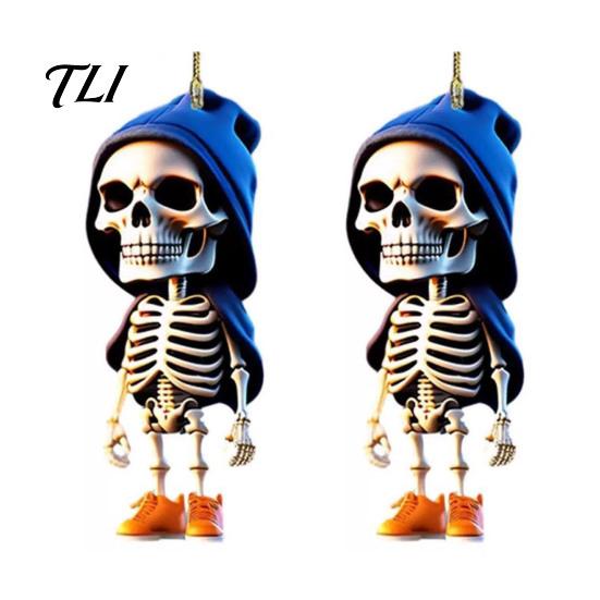 Trendy Hoodie Skeleton Ornament 2Pcs Ornaments, 2D Flat Acrylic Pendants, Gothic Lightweight Car Decor Style Hanging Ornaments for