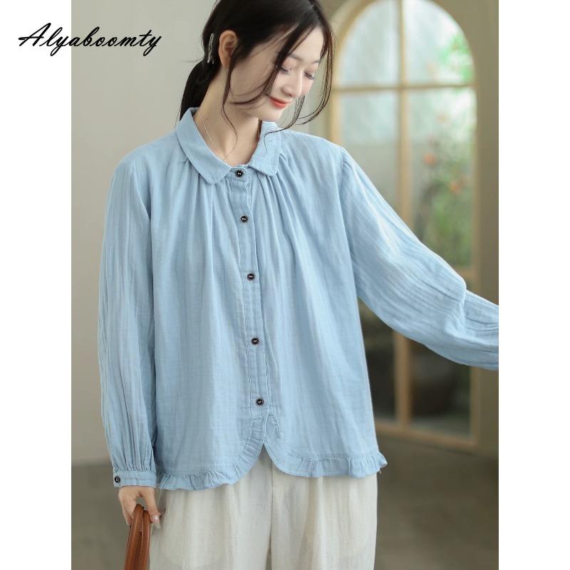 2026 Plus Sie Spring Autumn Women Casual Loose Basic Blouse Turn-Down Collar Blue Cotton Shirt Long Sleeve Baggy Comfortable Ladies' Blouse