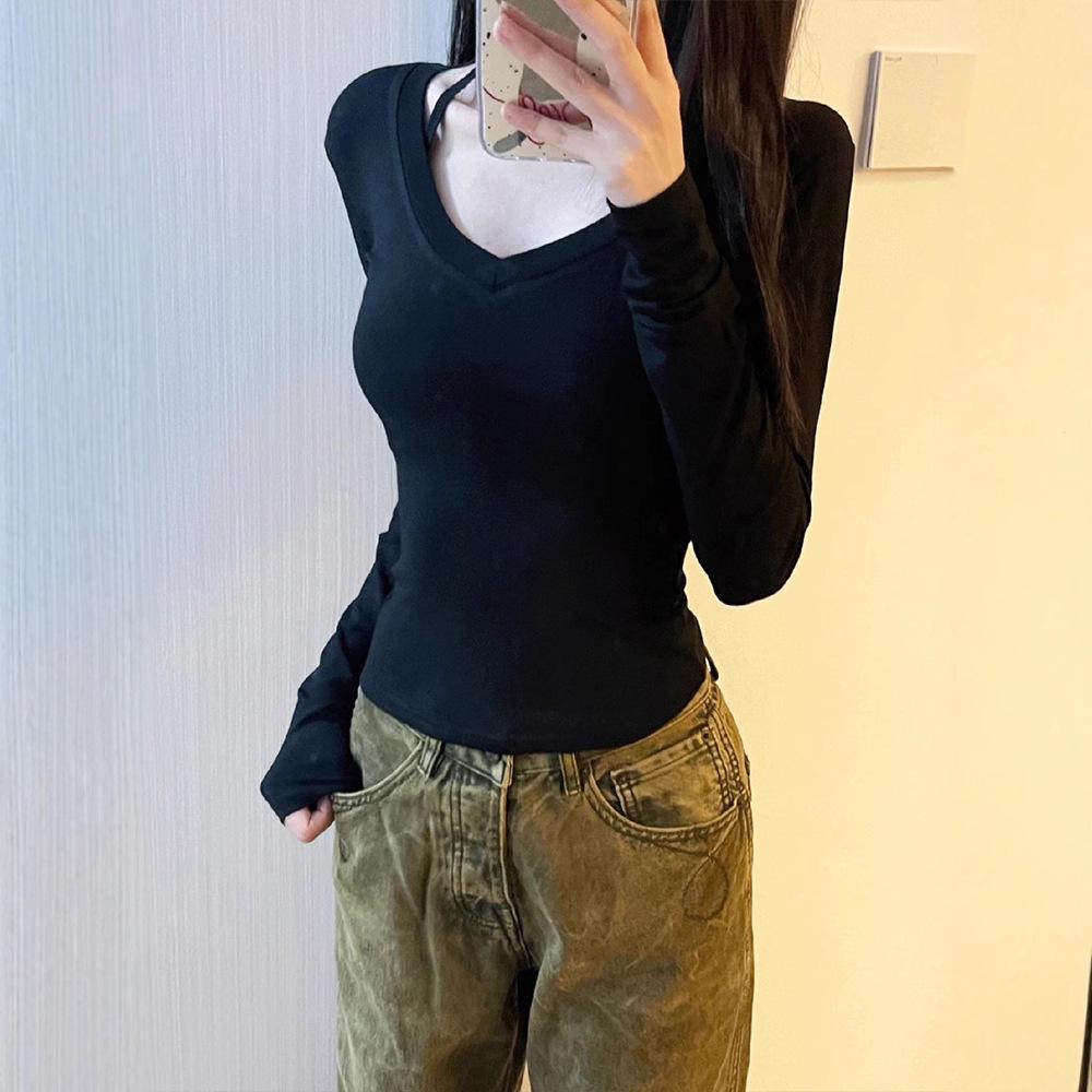 

Женский облегающий топ с V-образным вырезом и длинными рукавами 2024 года: Универсальный прямой крой для осени/зимы. Small чёрный