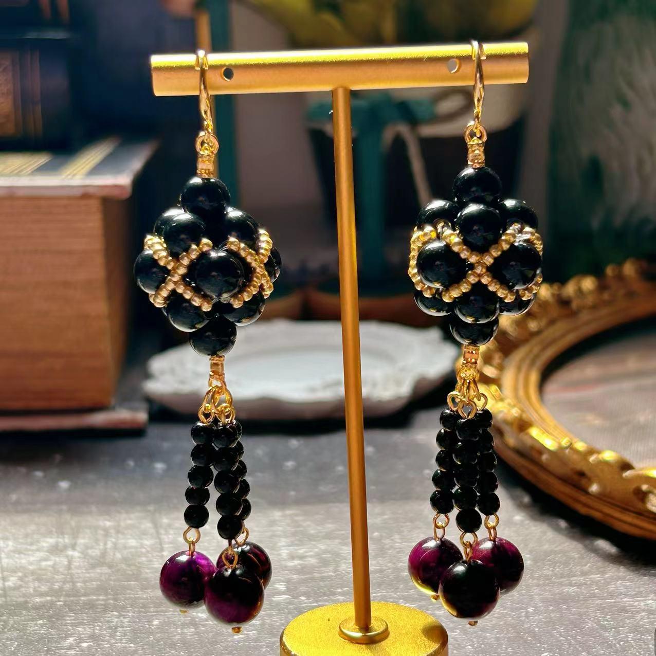 

Винтажное ожерелье из фиолетового тигрового глаза и набор серег ручной работы