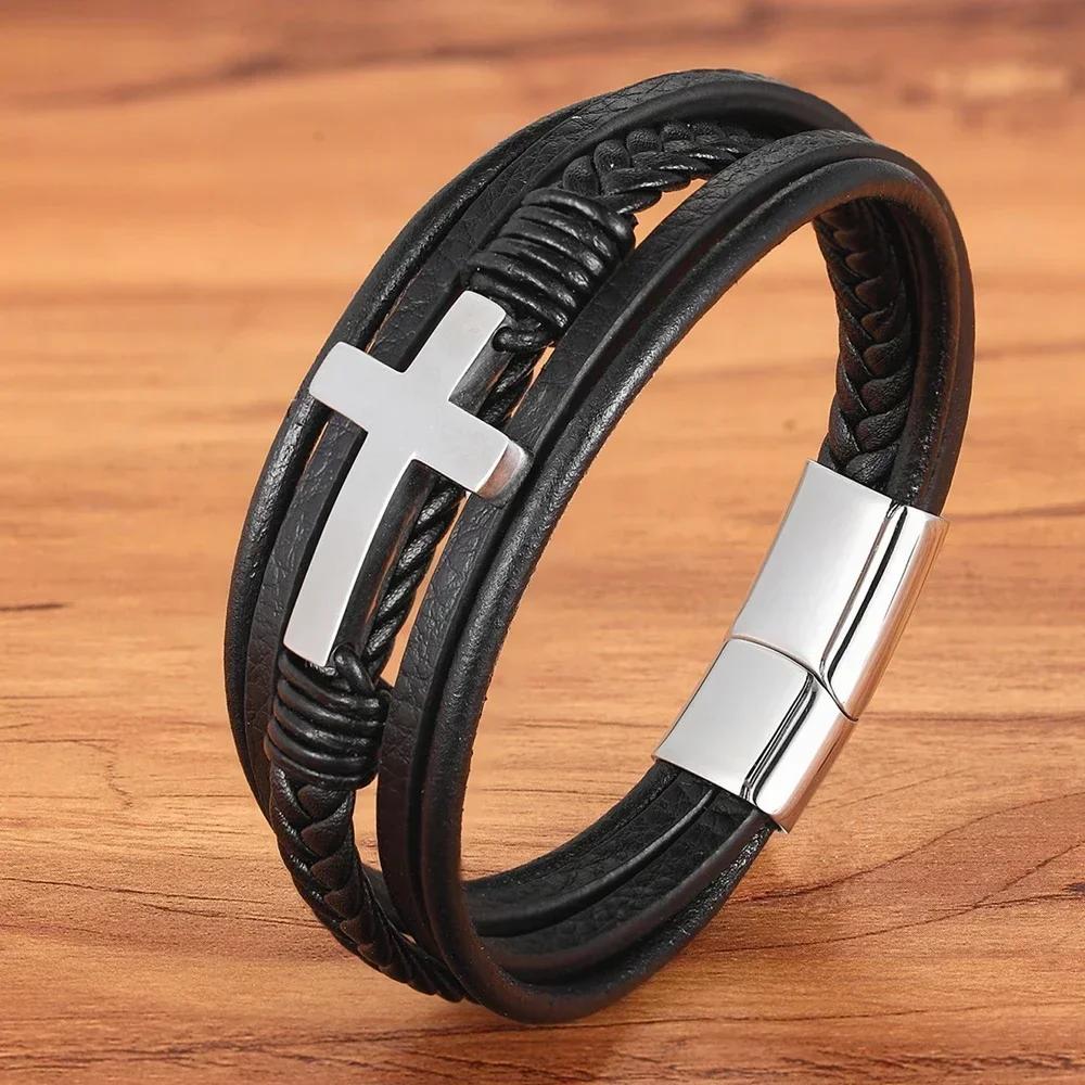 2025 Luxury Multicolor Cross Design Classic Stainless Steel Men's Leather Bracelet 19/21/23cm Choose Handsome Christmas Gifts