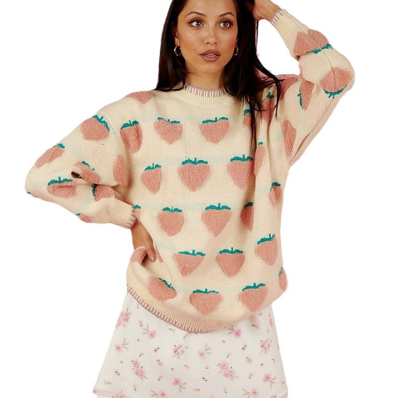 2025 Women's Casual Strawberry Embroidery Knit Pullover - Round Neck, Long Sleeve, Autumn/Winter