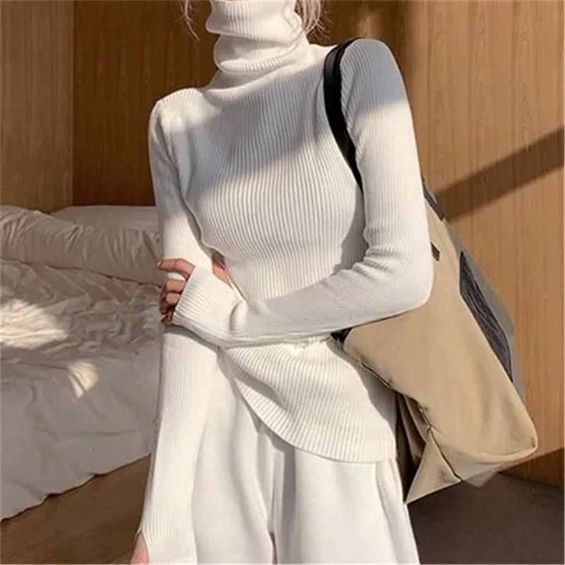 Strikket Genser Dame Koreansk Versjon Rullekrave Casual Genser Vinter Ensfarget Pullover Slim Innvendig Fôring Varm Basic Topper