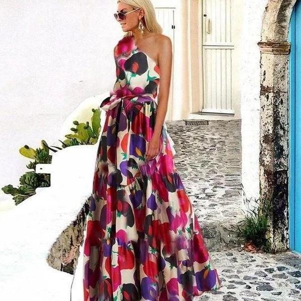 2025 Spring/Summer Women's Floral One-Shoulder Dress