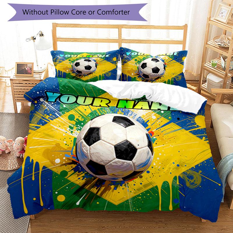 3PC Custom Name Brazilian Soccer Pride Bedding Set Duvet Cover Closure Includes 1 Duvet Cover & 2 Pillowcases for Bedroom