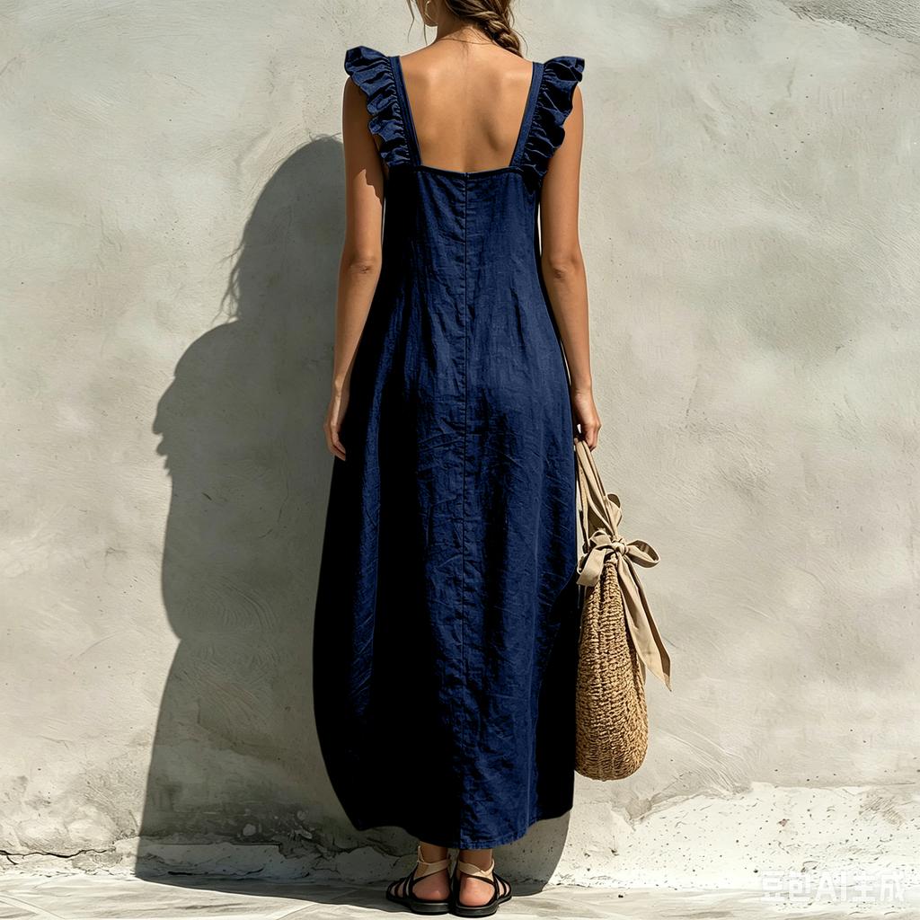 Sleeveless Square Neck Ruffle Strap Maxi Dress Loose Fit Casual Lightweight Summer Dress for Women Beachwear