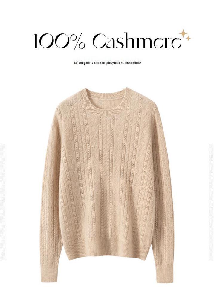 Women's Cable Knit Cashmere Sweater - Round Neck, Soft Pullover, Loose Fit, Perfect for Autumn & Winter.