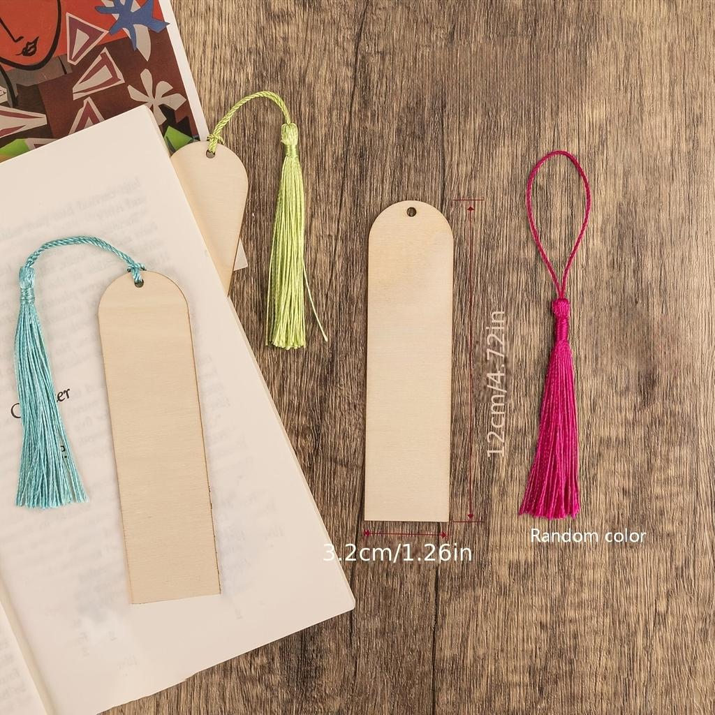 12pcs Unfinished Wooden Bookmark DIY Wood Craft Bookmarks with Laser Cut Wooden Hooks, Square Tags, 12 Tassels - Random Color