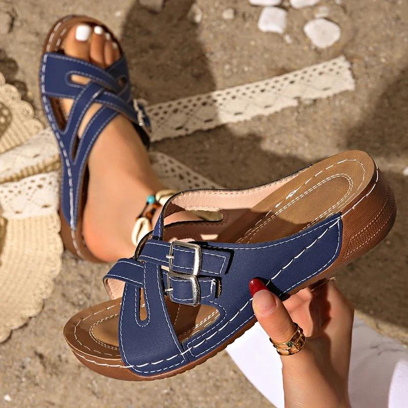 

Women Straps Platform Slippers Mujer Comfort Double Buckle Wedge Sandals Woman Summer 2025 Anti Slip Casual Beach Shoes Female 36